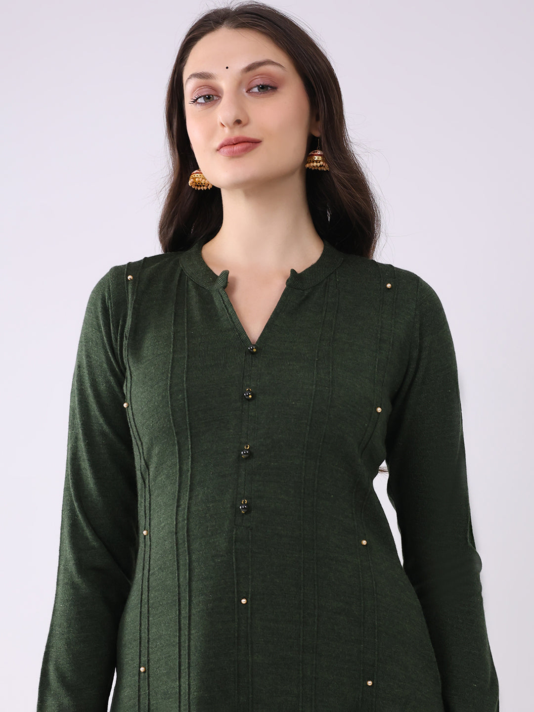 Women Green Printed Round Neck Full Sleeve Kurti Set for Winter