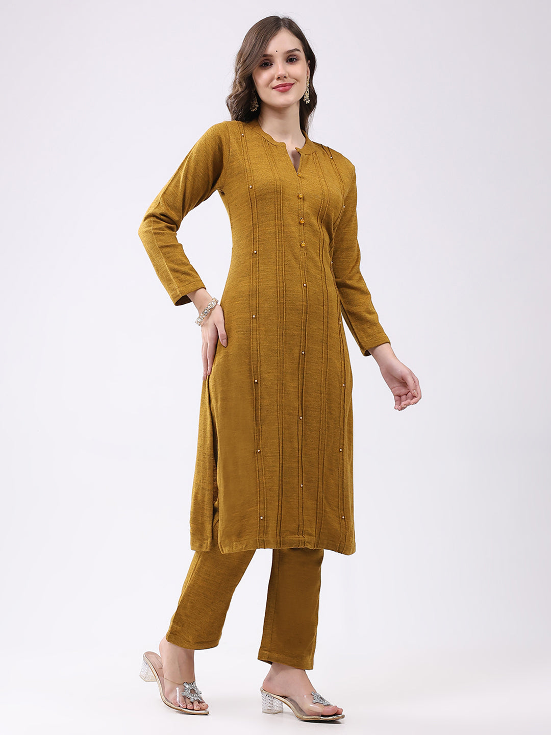 Women Mustard Self Design Round Neck Full Sleeve Kurti Set for Winter
