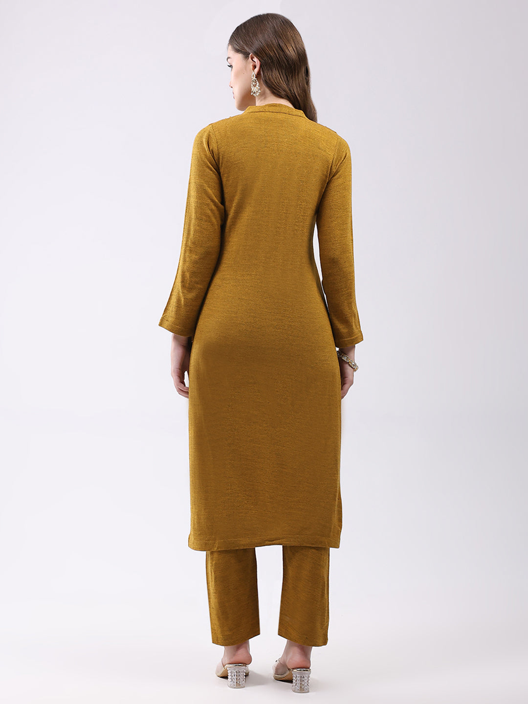 Women Mustard Self Design Round Neck Full Sleeve Kurti Set for Winter