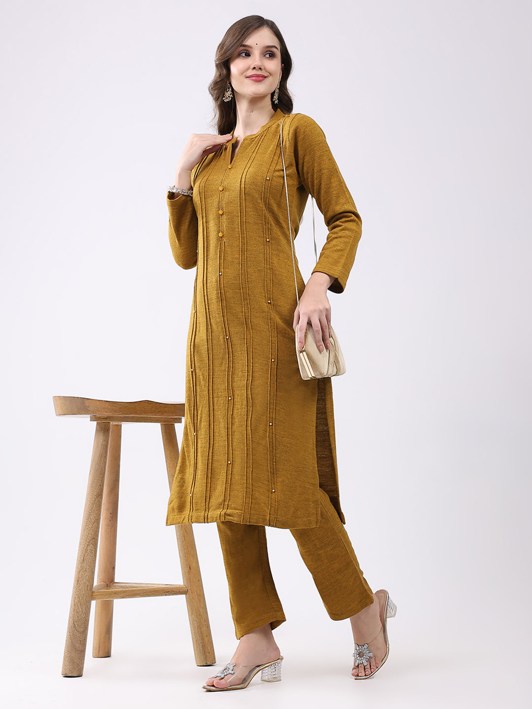 Women Mustard Self Design Round Neck Full Sleeve Kurti Set for Winter