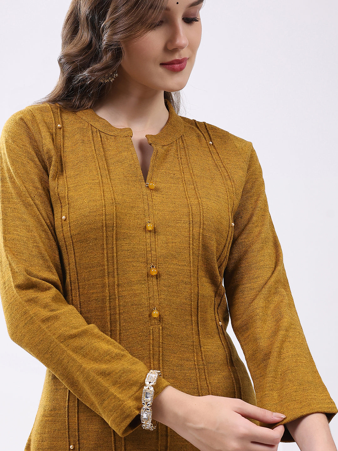 Women Mustard Self Design Round Neck Full Sleeve Kurti Set for Winter