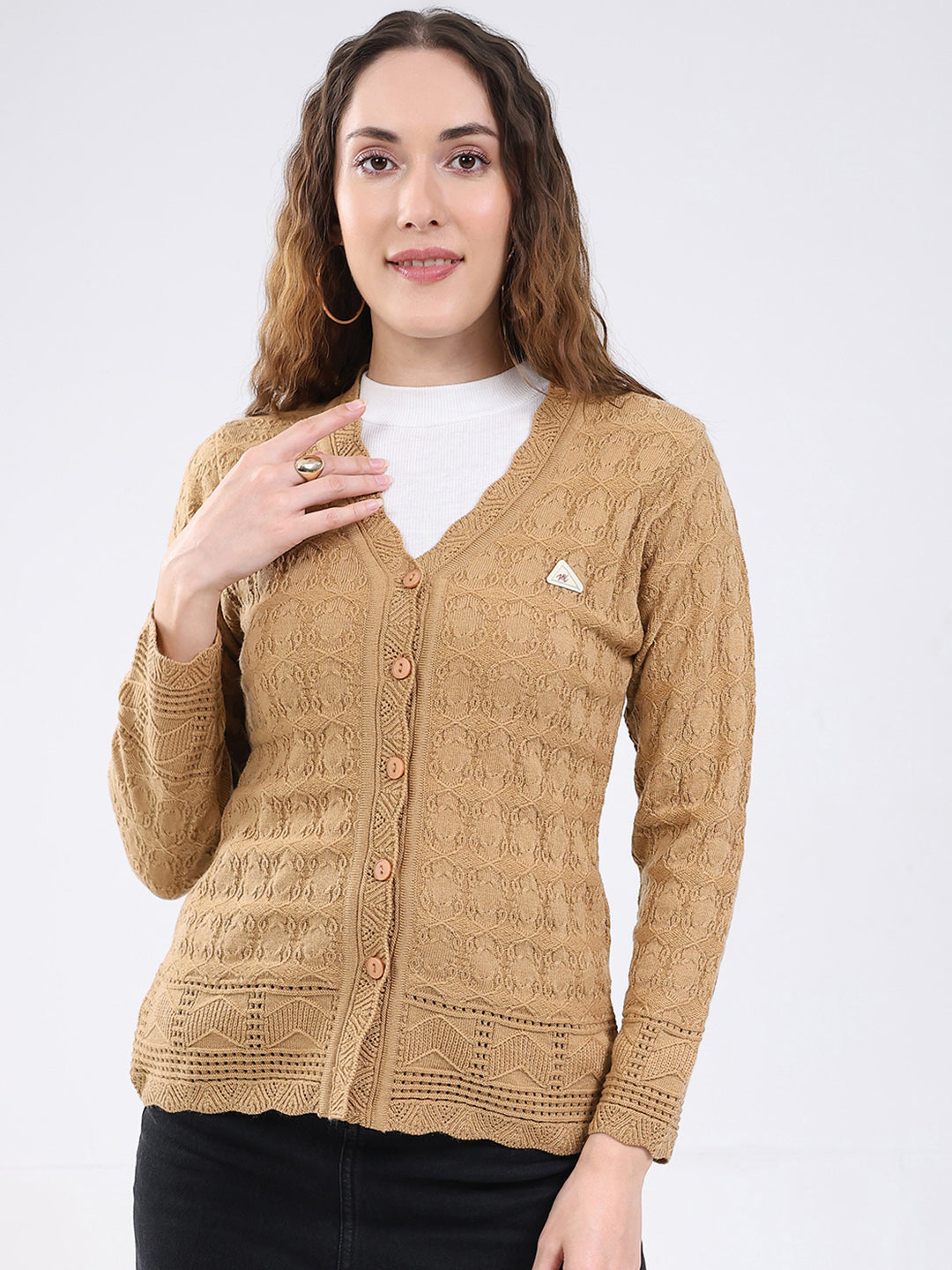 Women Camel Brown Self Design V Neck Full Sleeve Cardigan