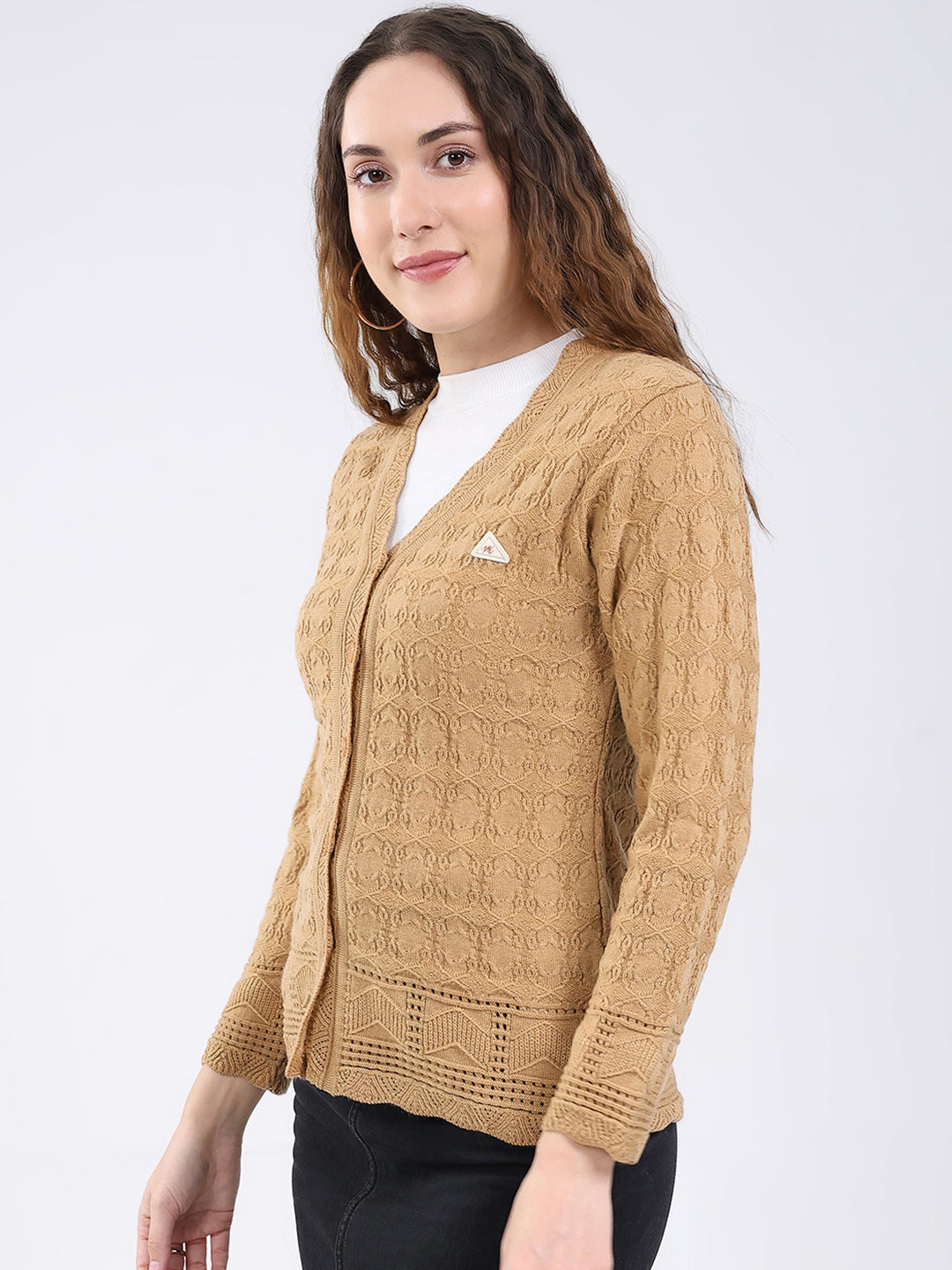 Women Camel Brown Self Design V Neck Full Sleeve Cardigan