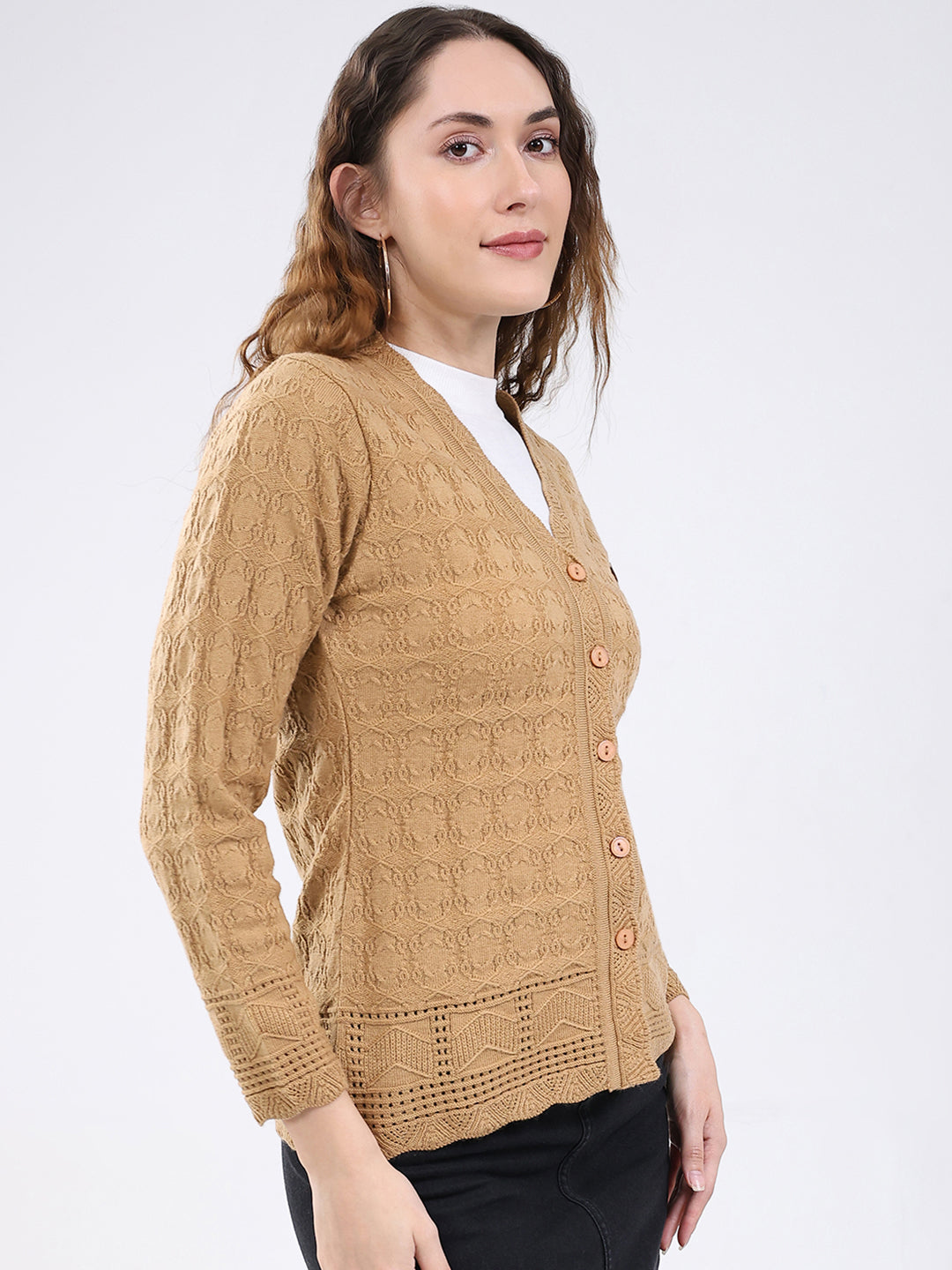 Women Camel Brown Self Design V Neck Full Sleeve Cardigan