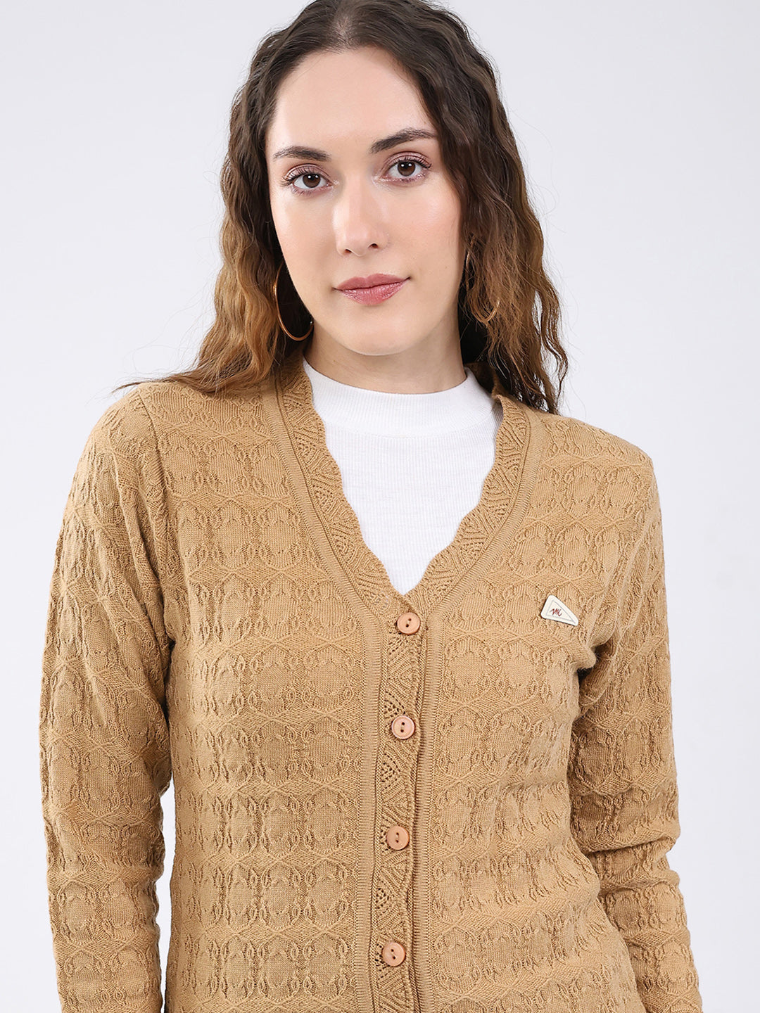 Women Camel Brown Self Design V Neck Full Sleeve Cardigan