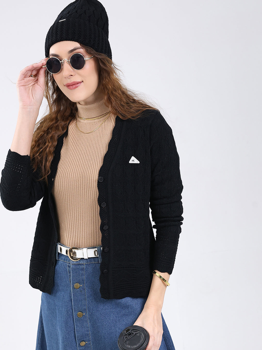 Women Black Self Design V Neck Full Sleeve Cardigan