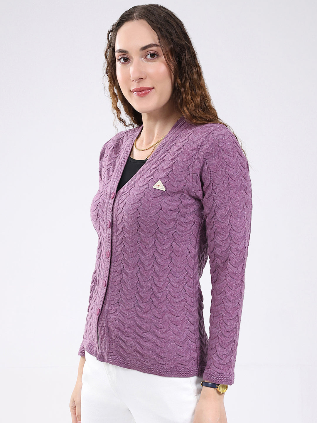 Women Purple Self Design V Neck Full Sleeve Cardigan