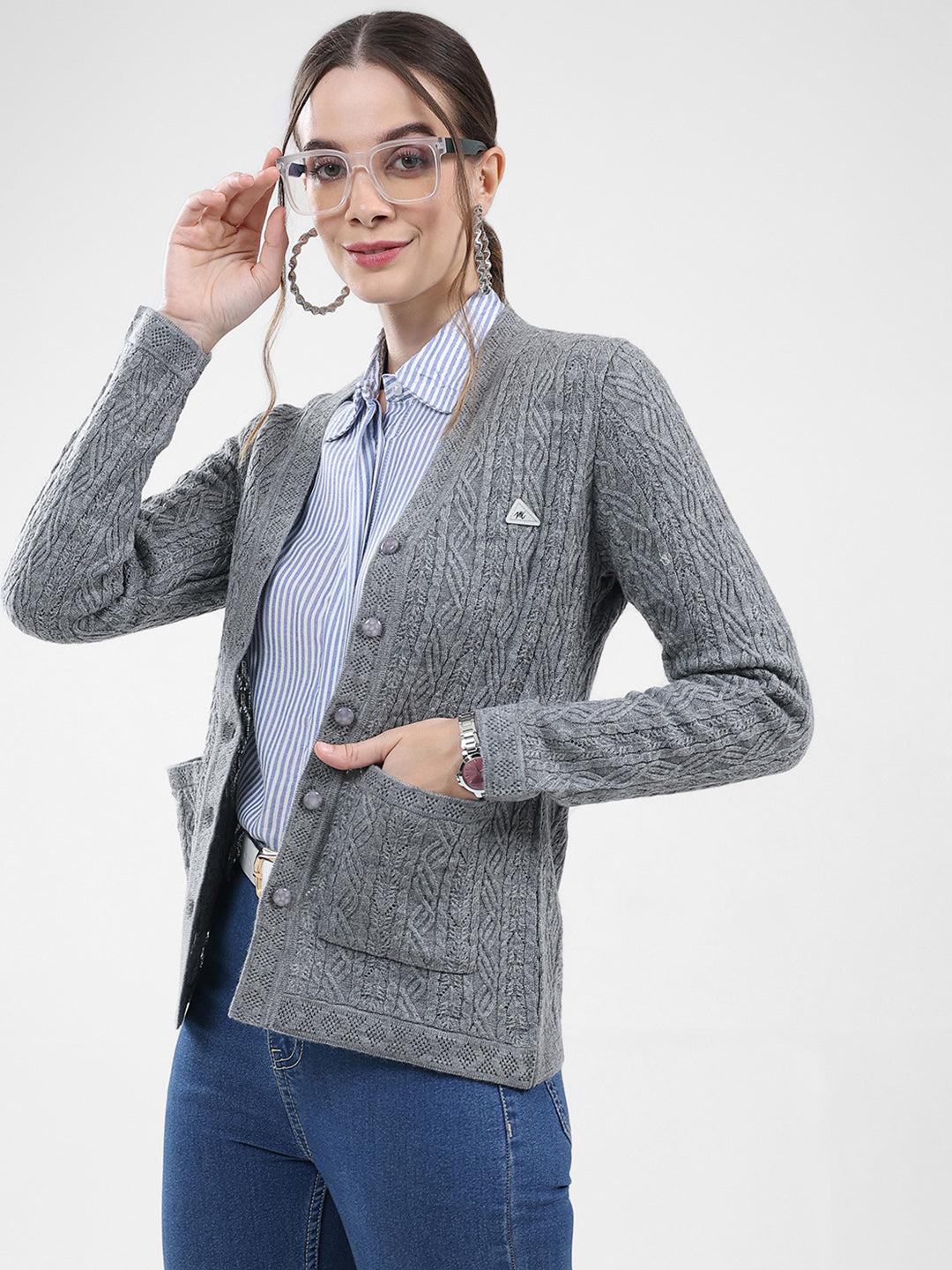 Women Grey Self Design V Neck Full Sleeve Cardigan
