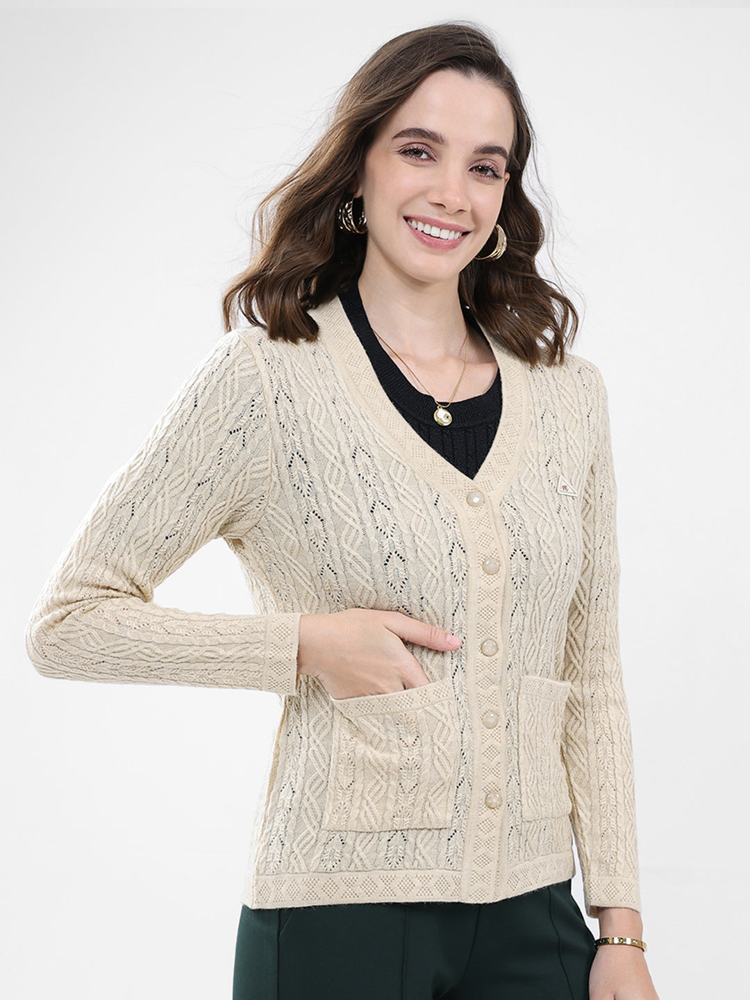 Women Cream Self Design V Neck Full Sleeve Cardigan