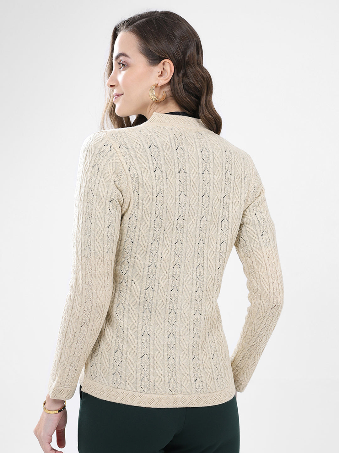 Women Cream Self Design V Neck Full Sleeve Cardigan