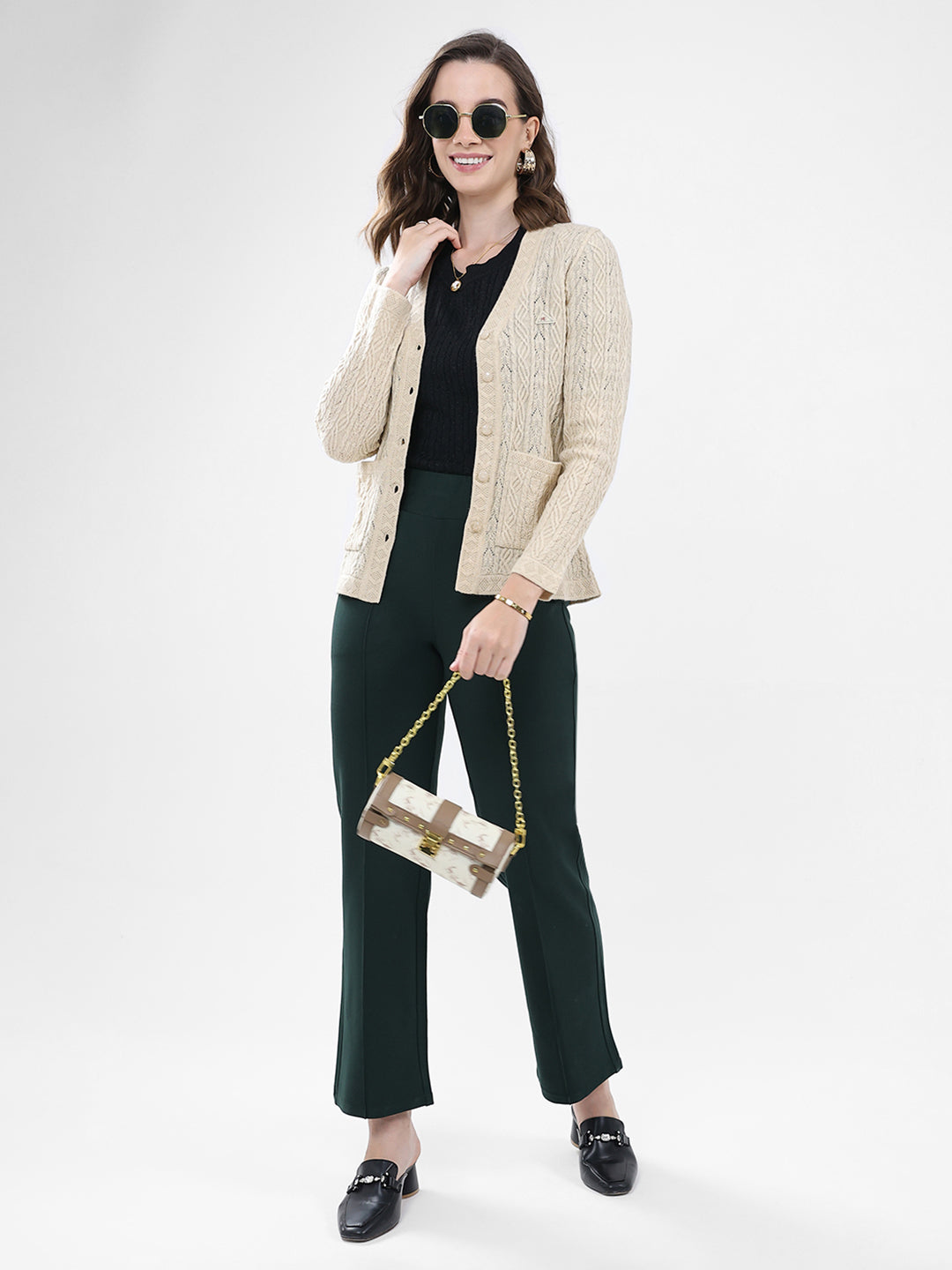 Women Cream Self Design V Neck Full Sleeve Cardigan