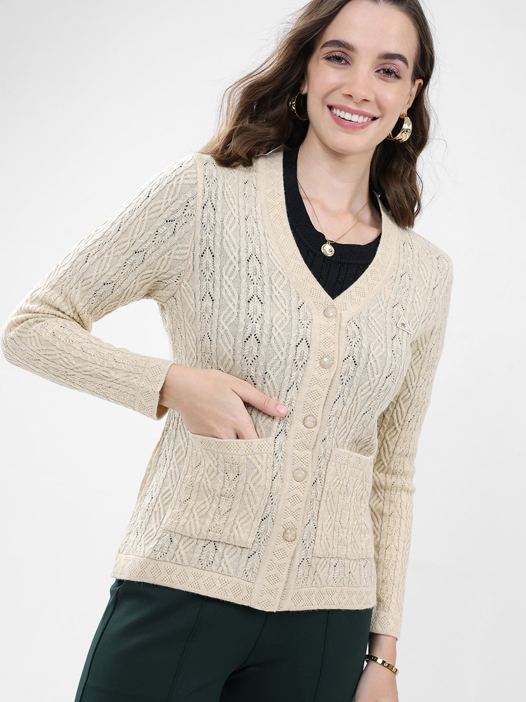 Women Cream Self Design V Neck Full Sleeve Cardigan