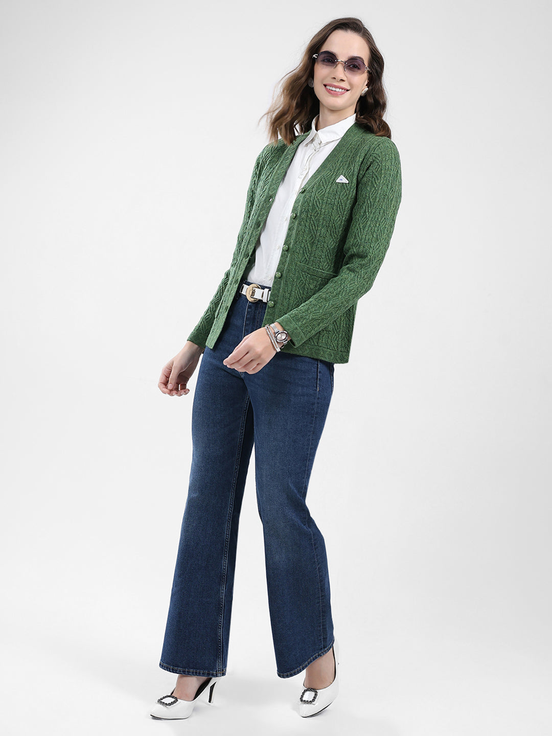Women Green Self Design V Neck Full Sleeve Cardigan