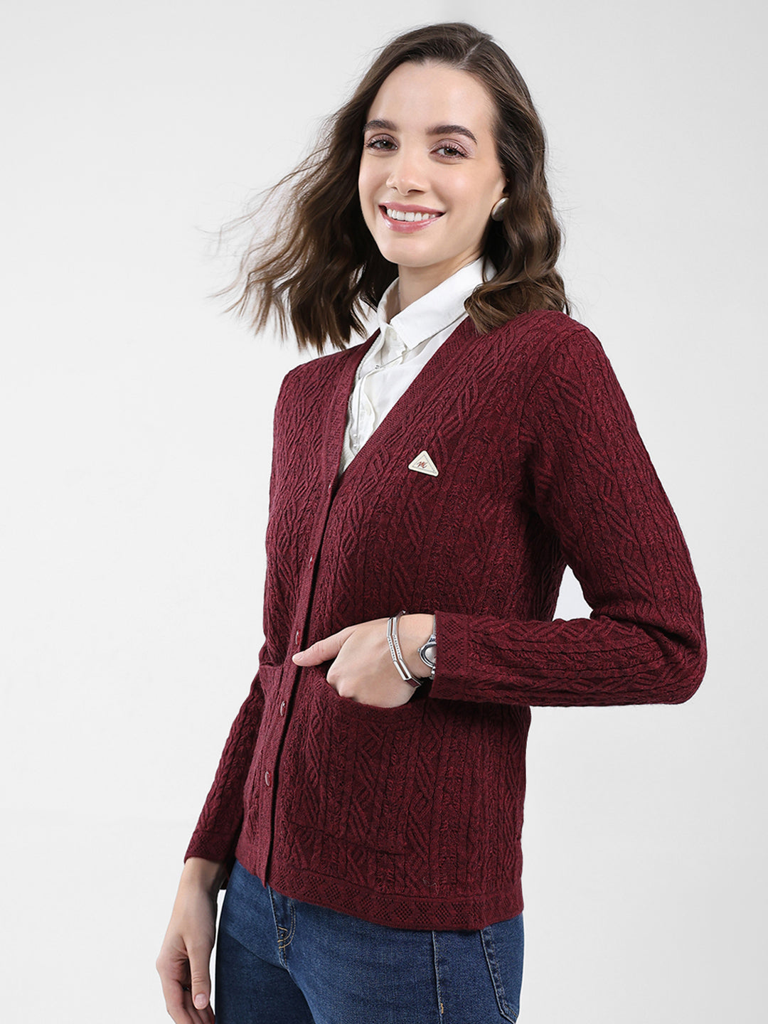 Women Maroon Self Design V Neck Full Sleeve Cardigan