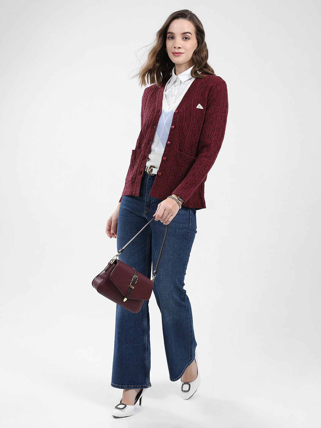 Women Maroon Self Design V Neck Full Sleeve Cardigan