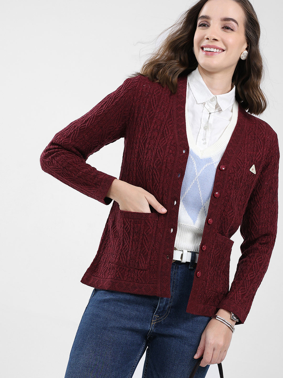 Women Maroon Self Design V Neck Full Sleeve Cardigan