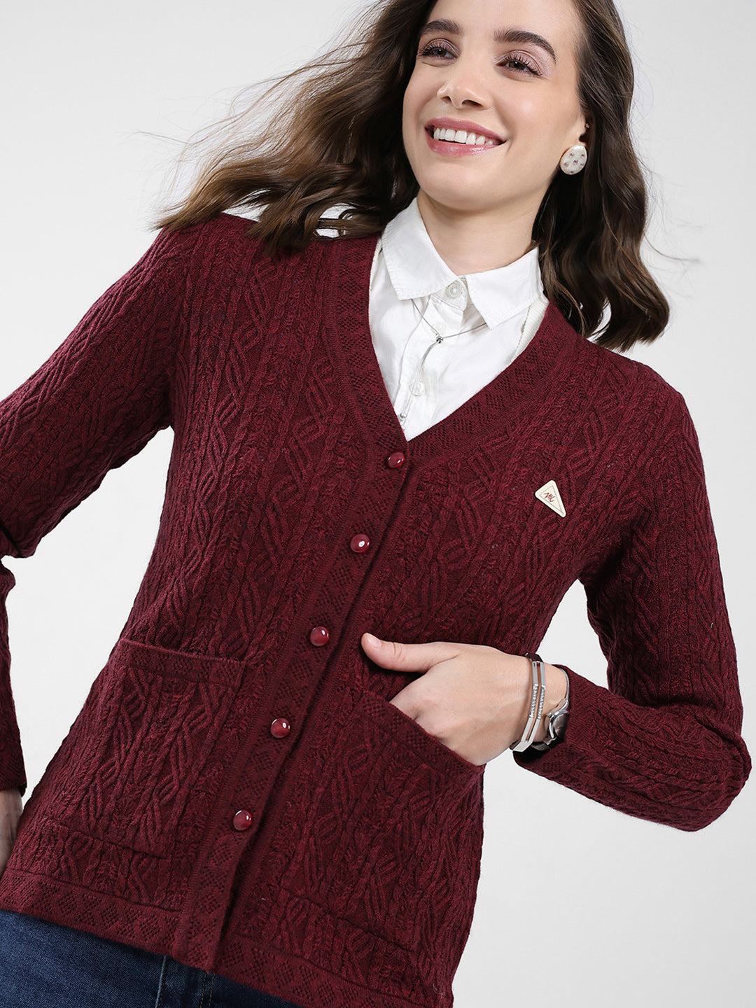 Women Maroon Self Design V Neck Full Sleeve Cardigan
