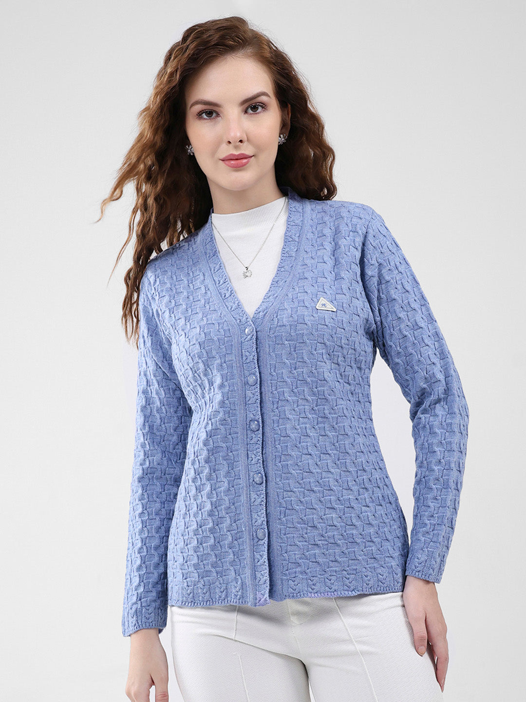Women Purple Self Design V Neck Full Sleeve Cardigan