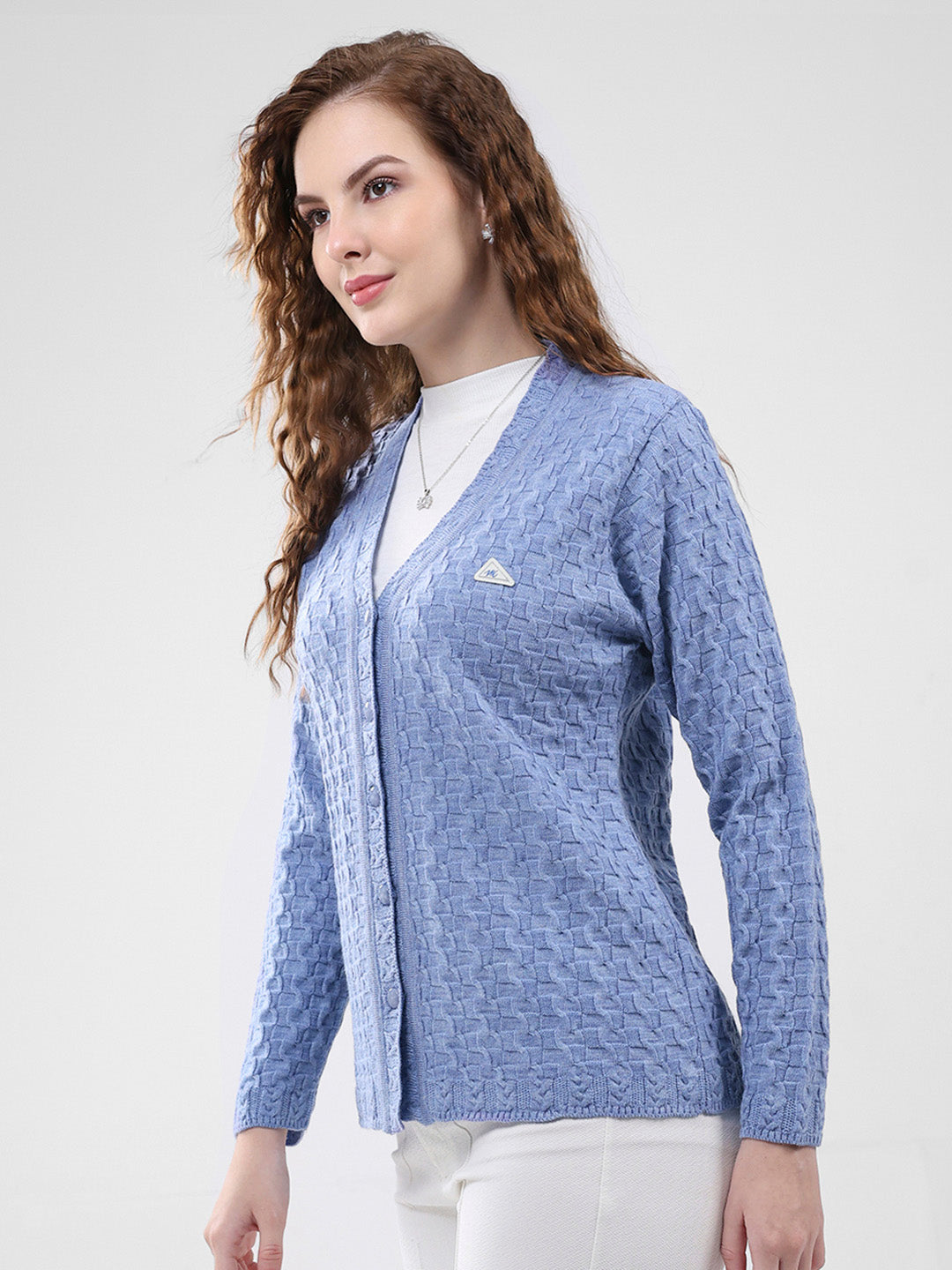 Women Purple Self Design V Neck Full Sleeve Cardigan