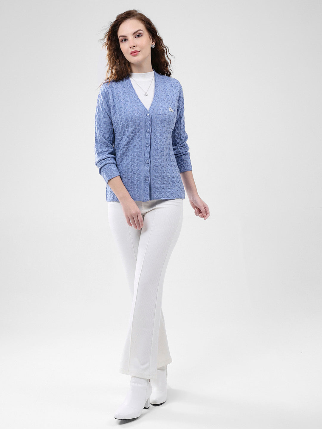 Women Purple Self Design V Neck Full Sleeve Cardigan