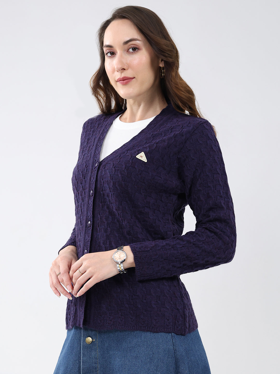 Women Purple Self Design V Neck Full Sleeve Cardigan