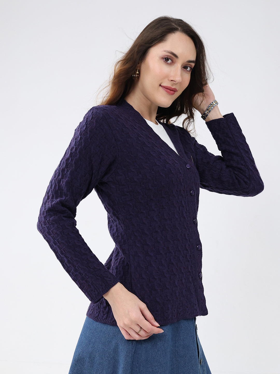 Women Purple Self Design V Neck Full Sleeve Cardigan