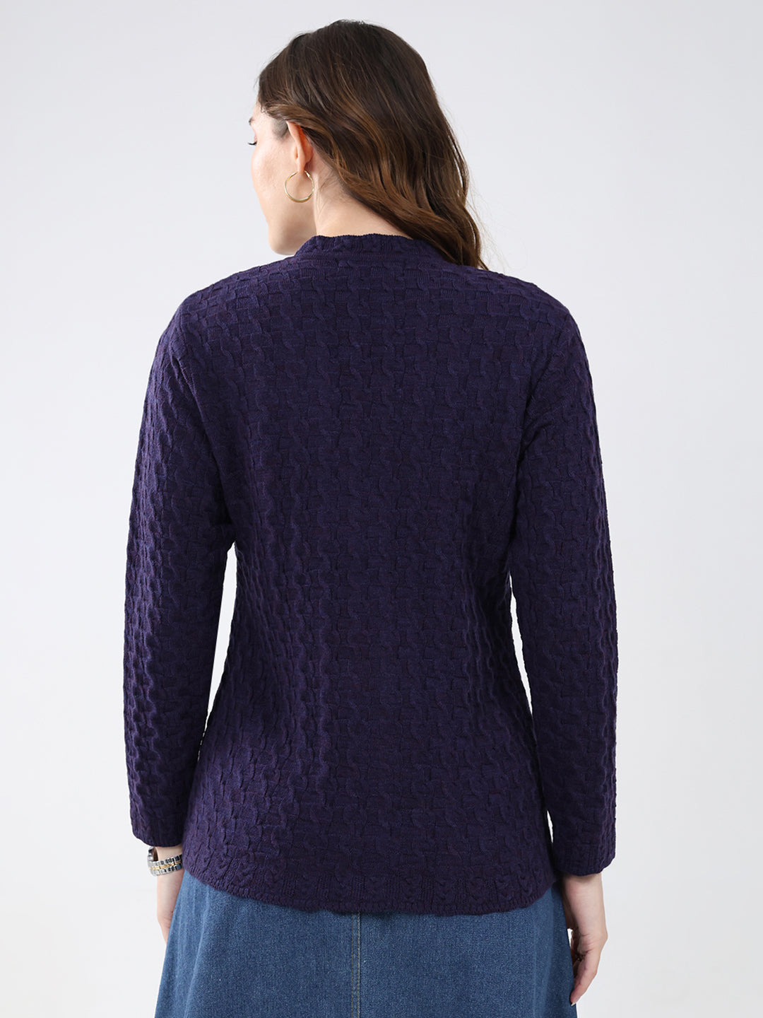 Women Purple Self Design V Neck Full Sleeve Cardigan