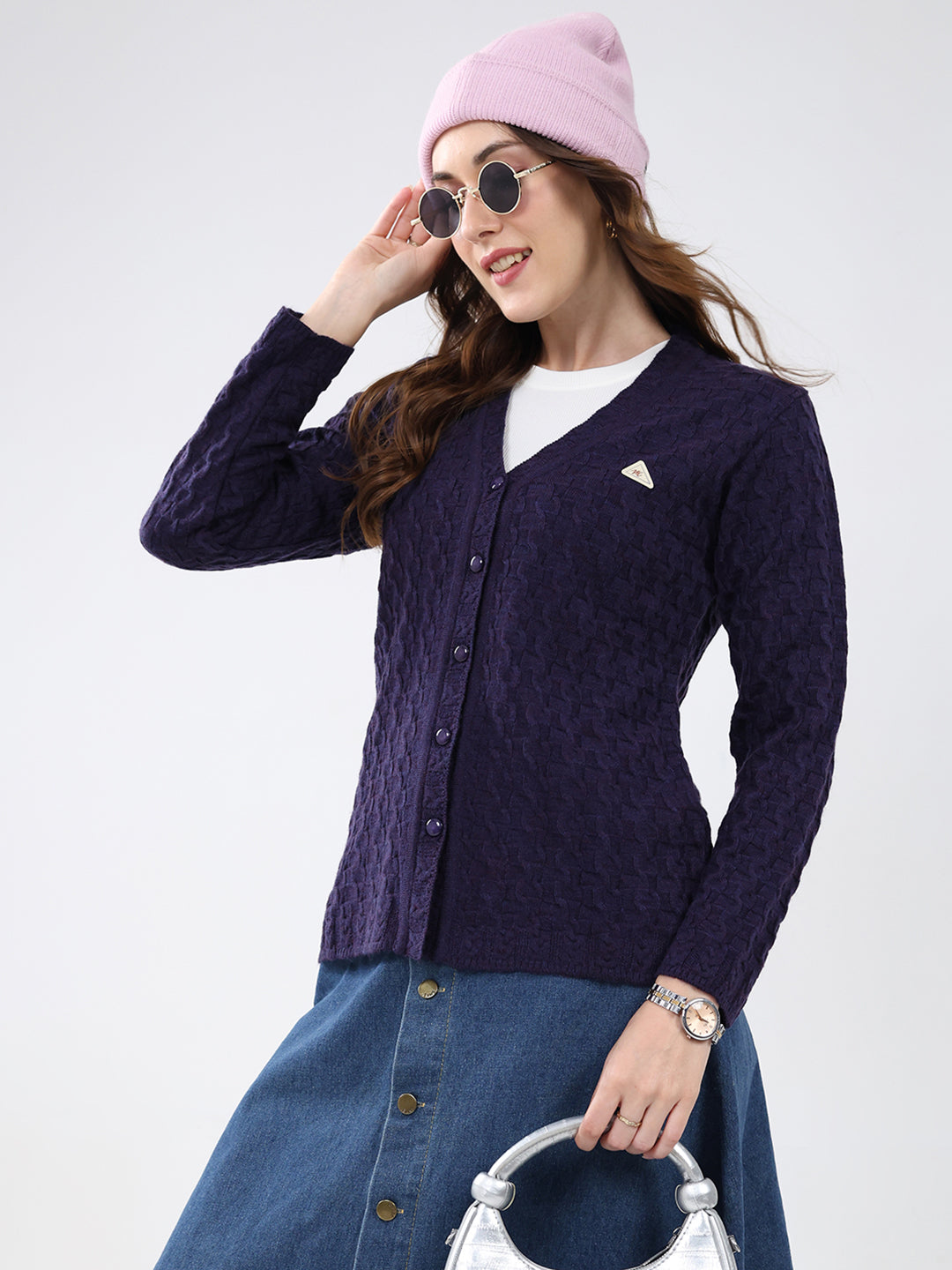Women Purple Self Design V Neck Full Sleeve Cardigan