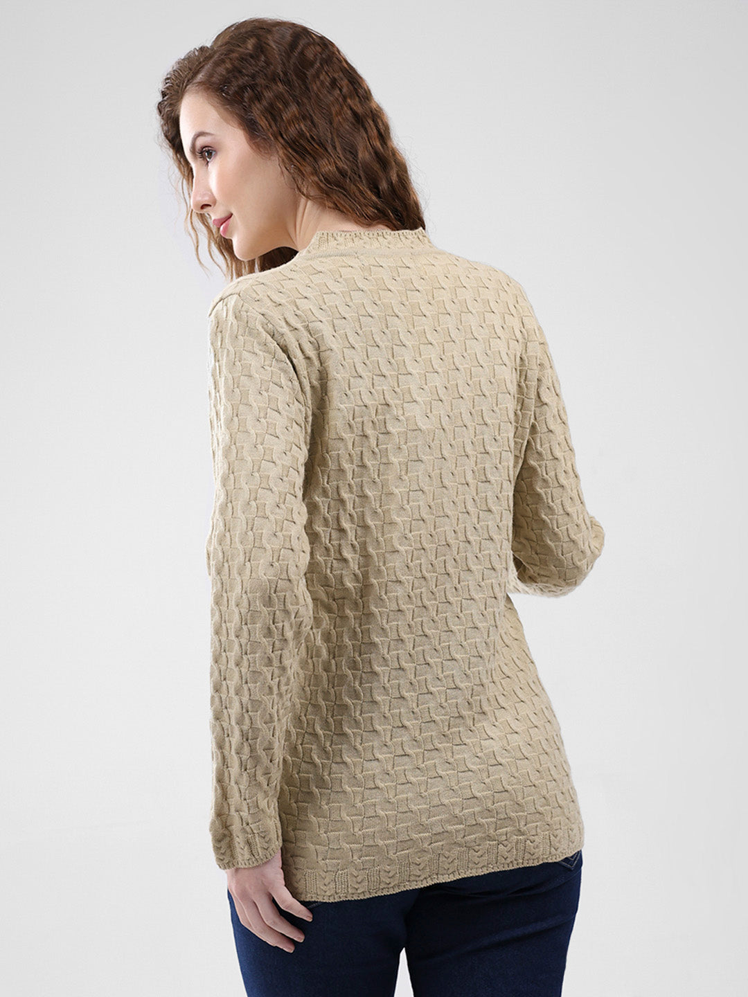 Women Brown Self Design V Neck Full Sleeve Cardigan