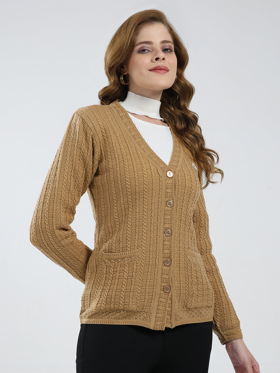 Women Brown Self Design V Neck Full Sleeve Cardigan