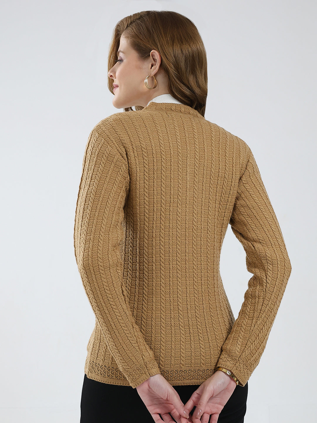 Women Brown Self Design V Neck Full Sleeve Cardigan