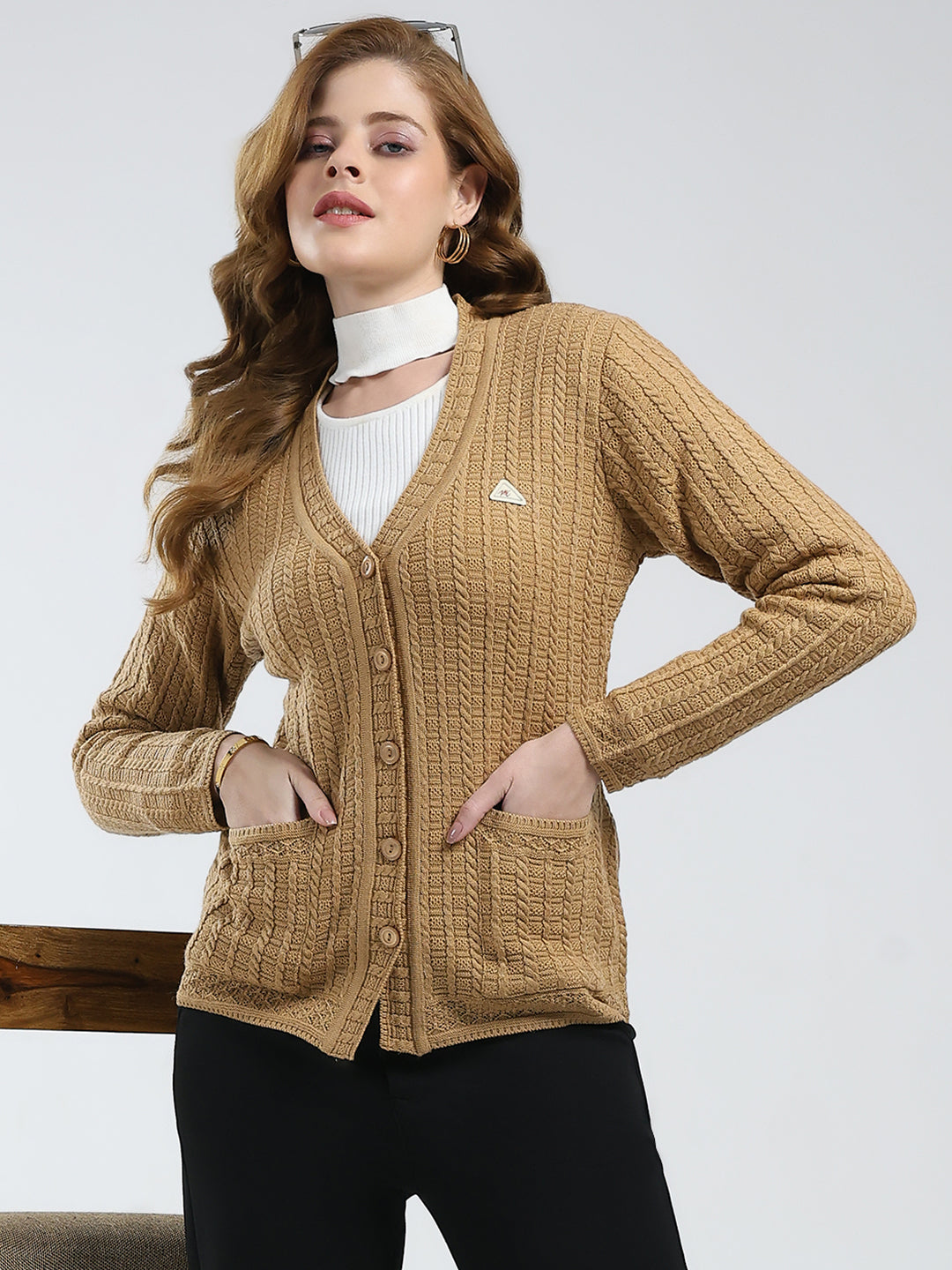 Women Brown Self Design V Neck Full Sleeve Cardigan