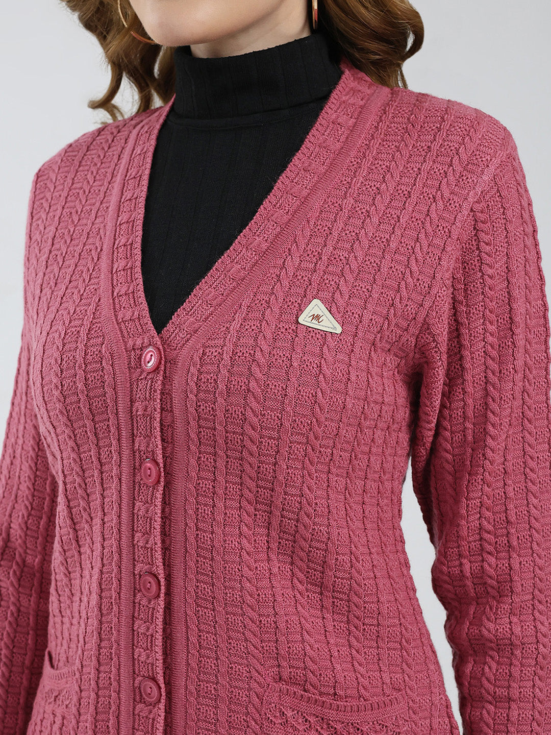 Women Pink Self Design V Neck Full Sleeve Cardigan