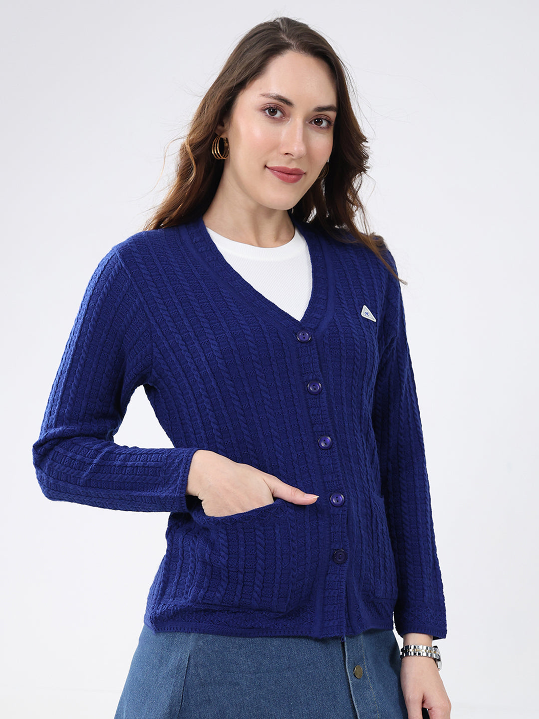 Women Blue Self Design V Neck Full Sleeve Cardigan