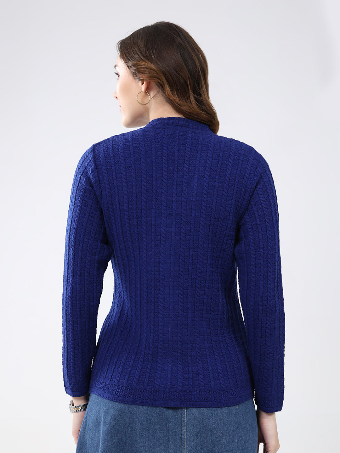 Women Blue Self Design V Neck Full Sleeve Cardigan