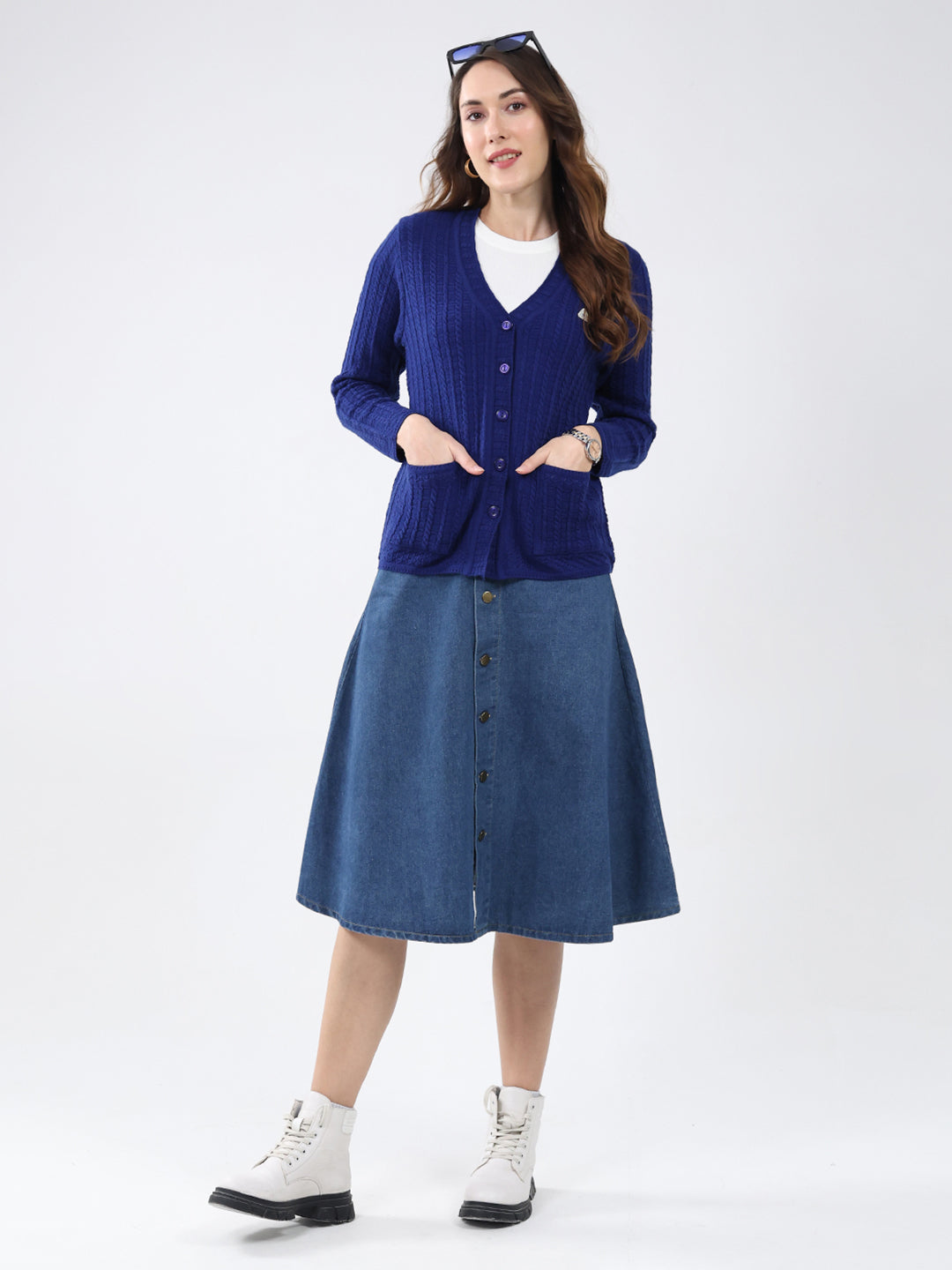 Women Blue Self Design V Neck Full Sleeve Cardigan