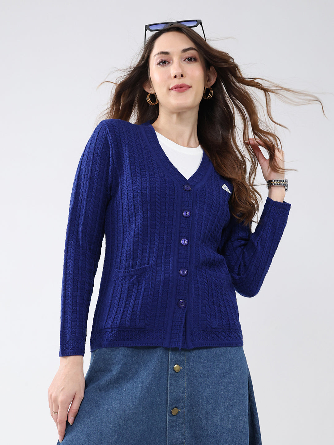 Women Blue Self Design V Neck Full Sleeve Cardigan