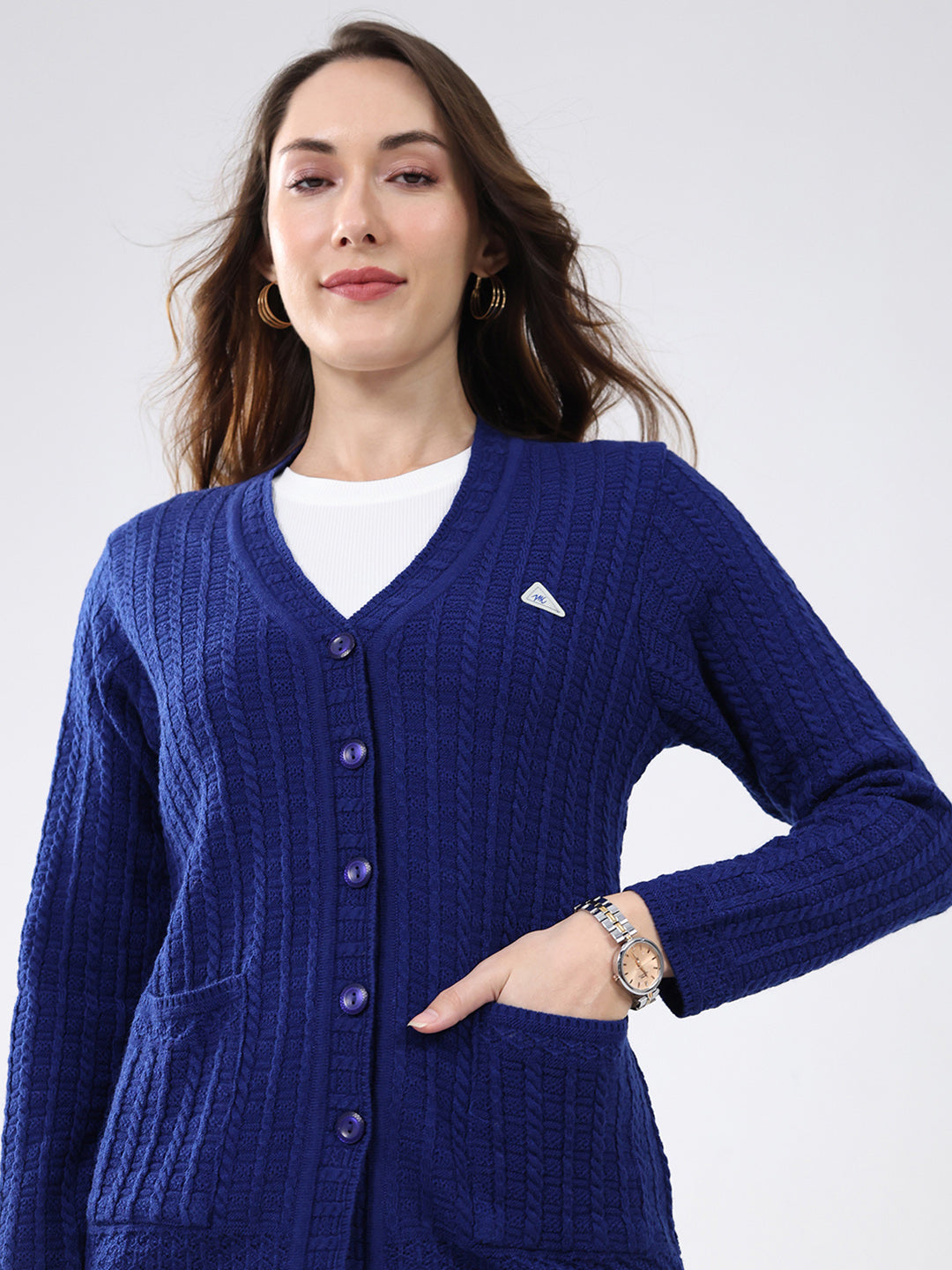 Women Blue Self Design V Neck Full Sleeve Cardigan