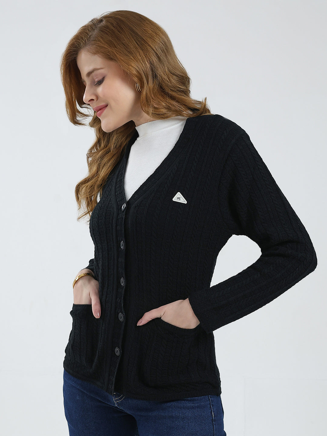 Women Black Self Design V Neck Full Sleeve Cardigan