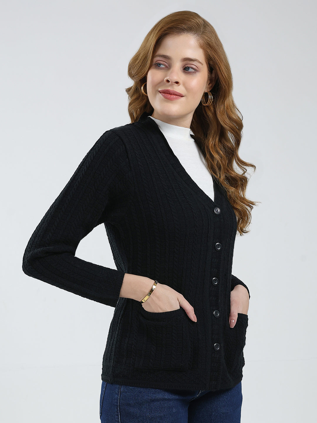 Women Black Self Design V Neck Full Sleeve Cardigan