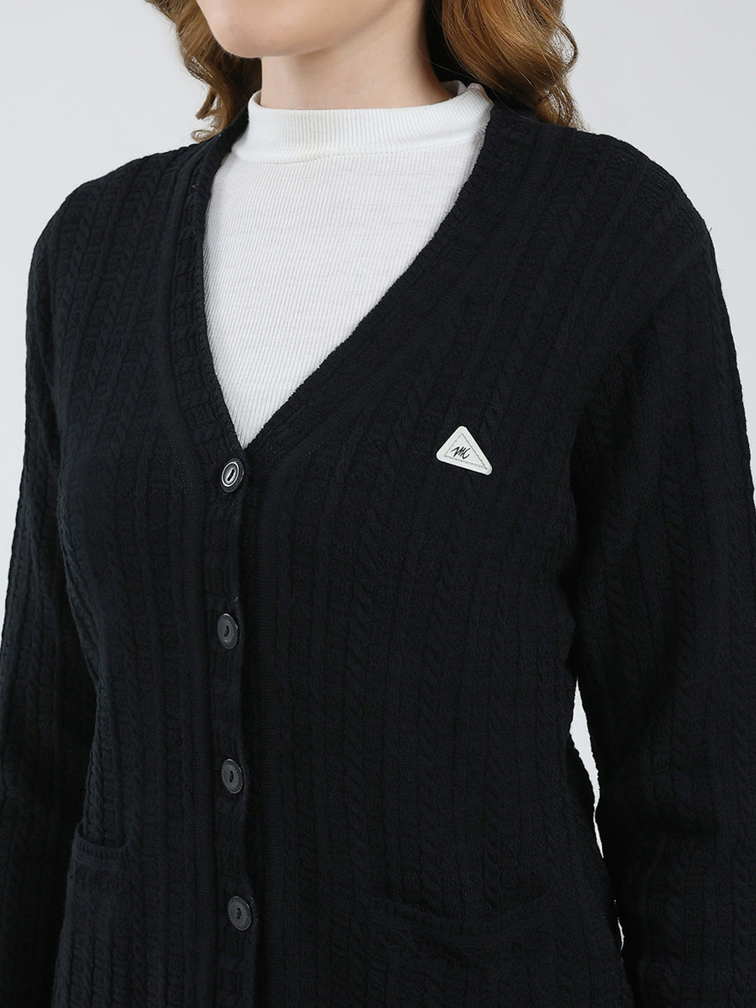 Women Black Self Design V Neck Full Sleeve Cardigan