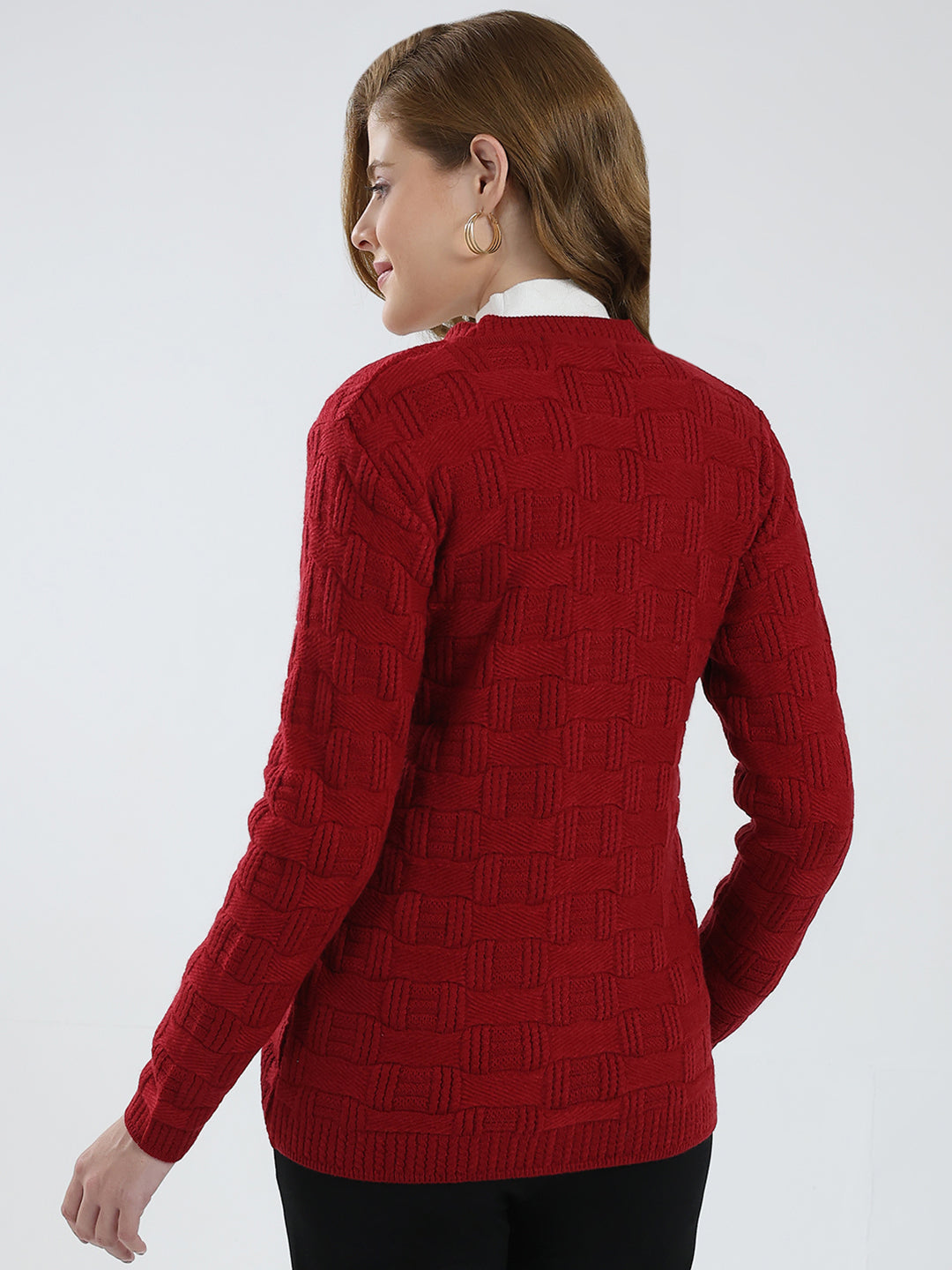 Women Red Self Design V Neck Full Sleeve Cardigan