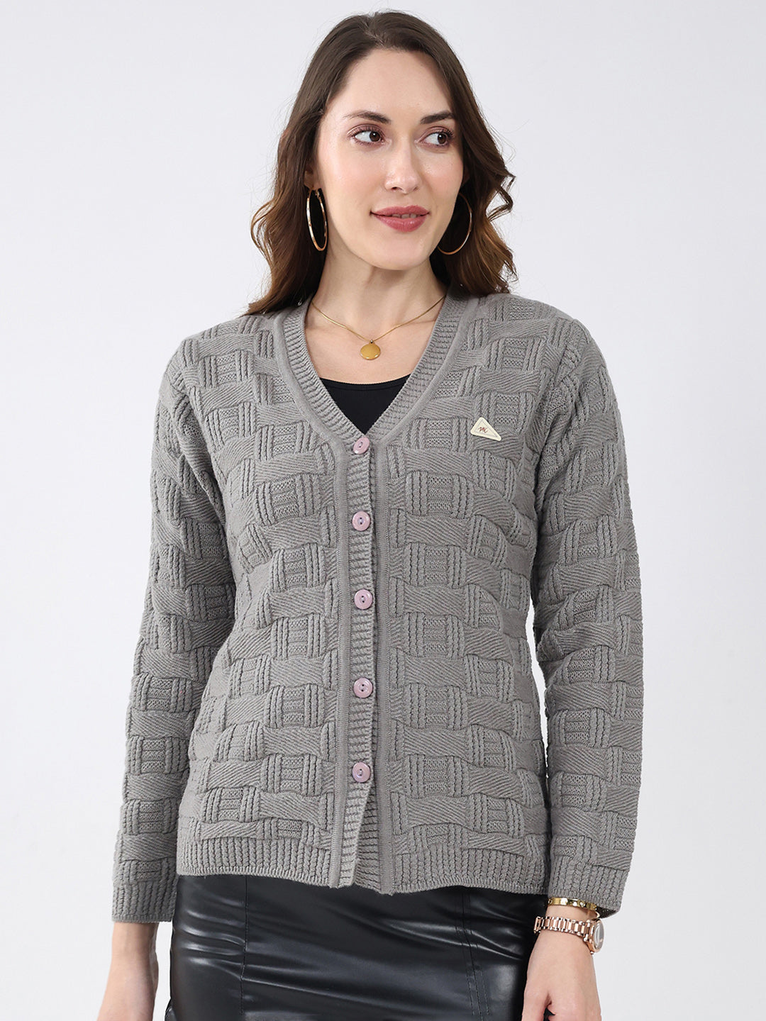 Women Grey Self Design V Neck Full Sleeve Cardigan
