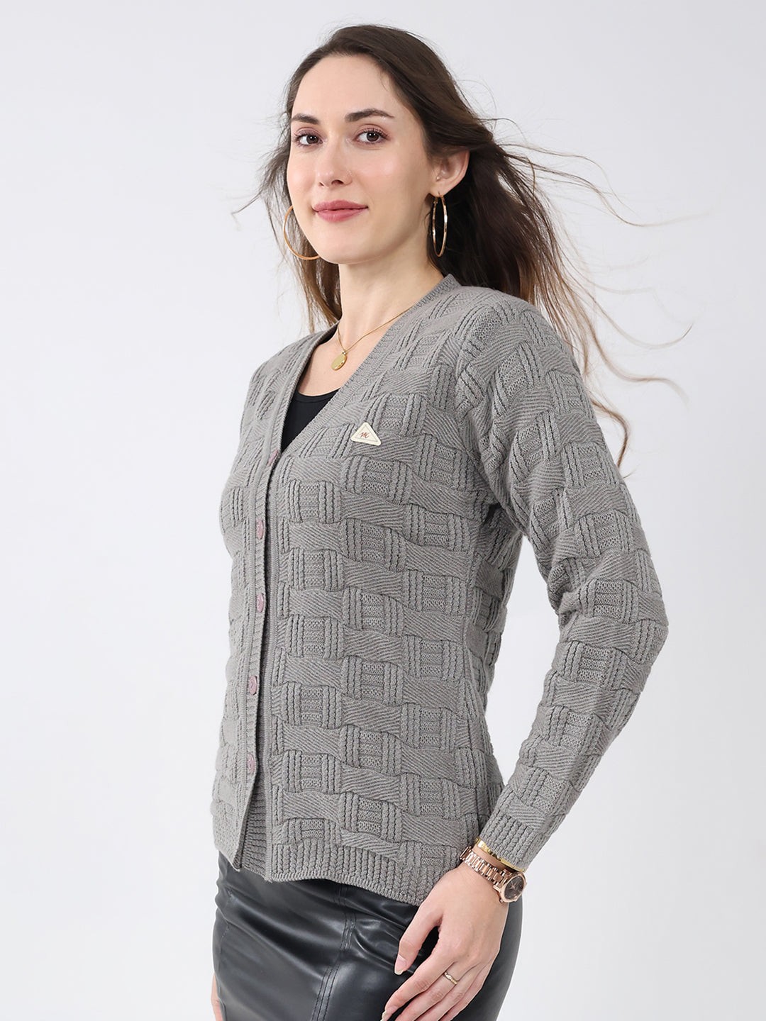 Women Grey Self Design V Neck Full Sleeve Cardigan