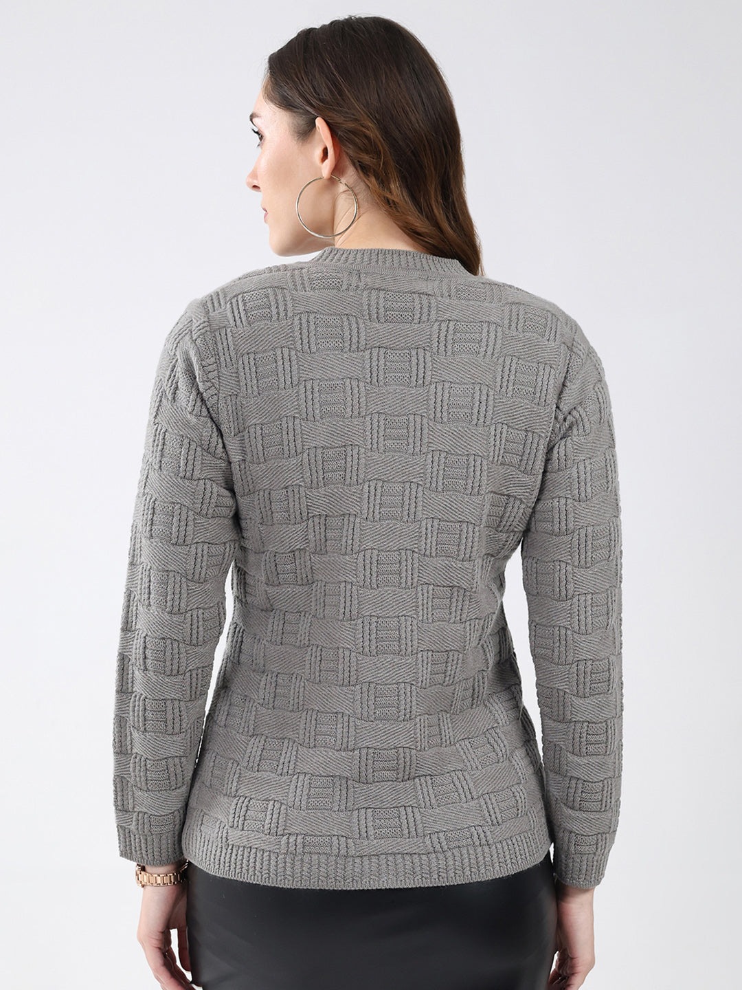 Women Grey Self Design V Neck Full Sleeve Cardigan