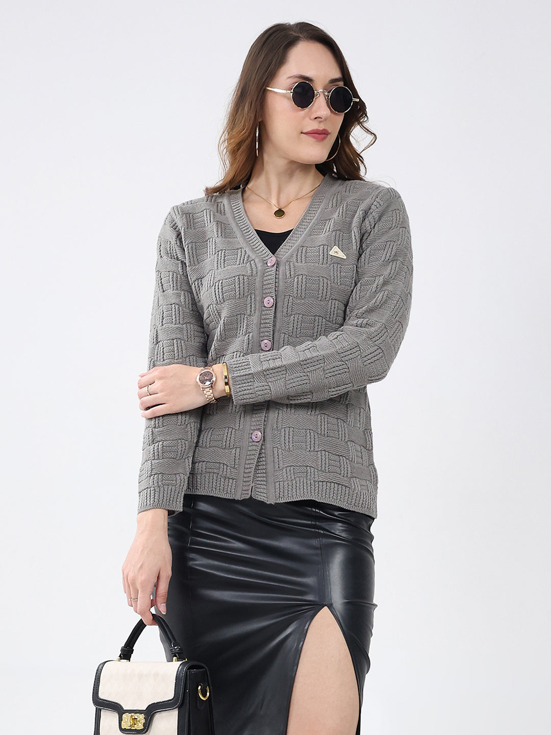 Women Grey Self Design V Neck Full Sleeve Cardigan