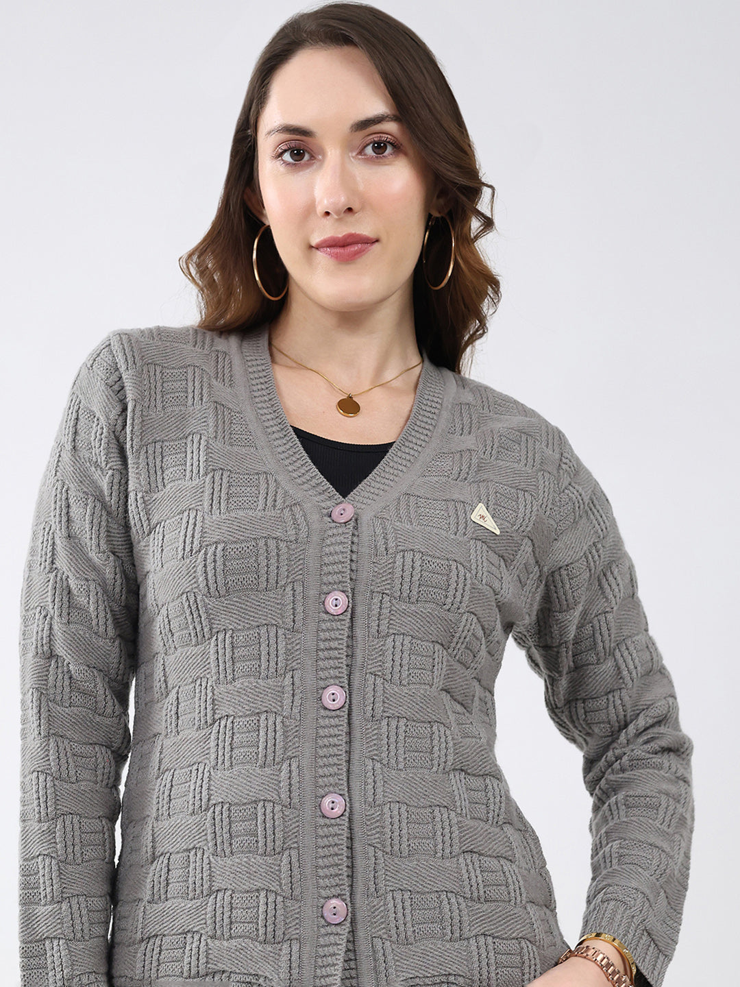 Women Grey Self Design V Neck Full Sleeve Cardigan