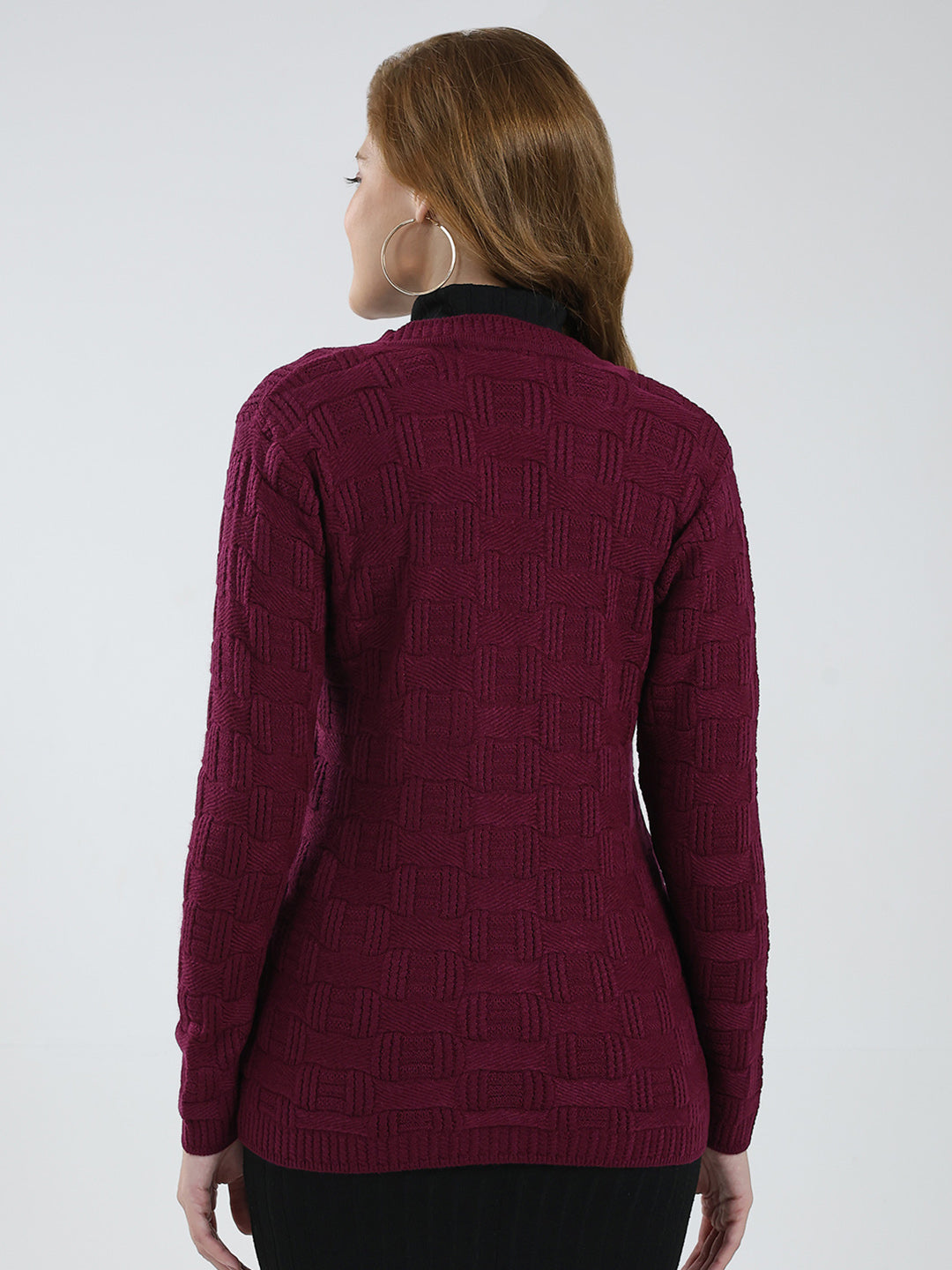 Women Purple Self Design V Neck Full Sleeve Cardigan