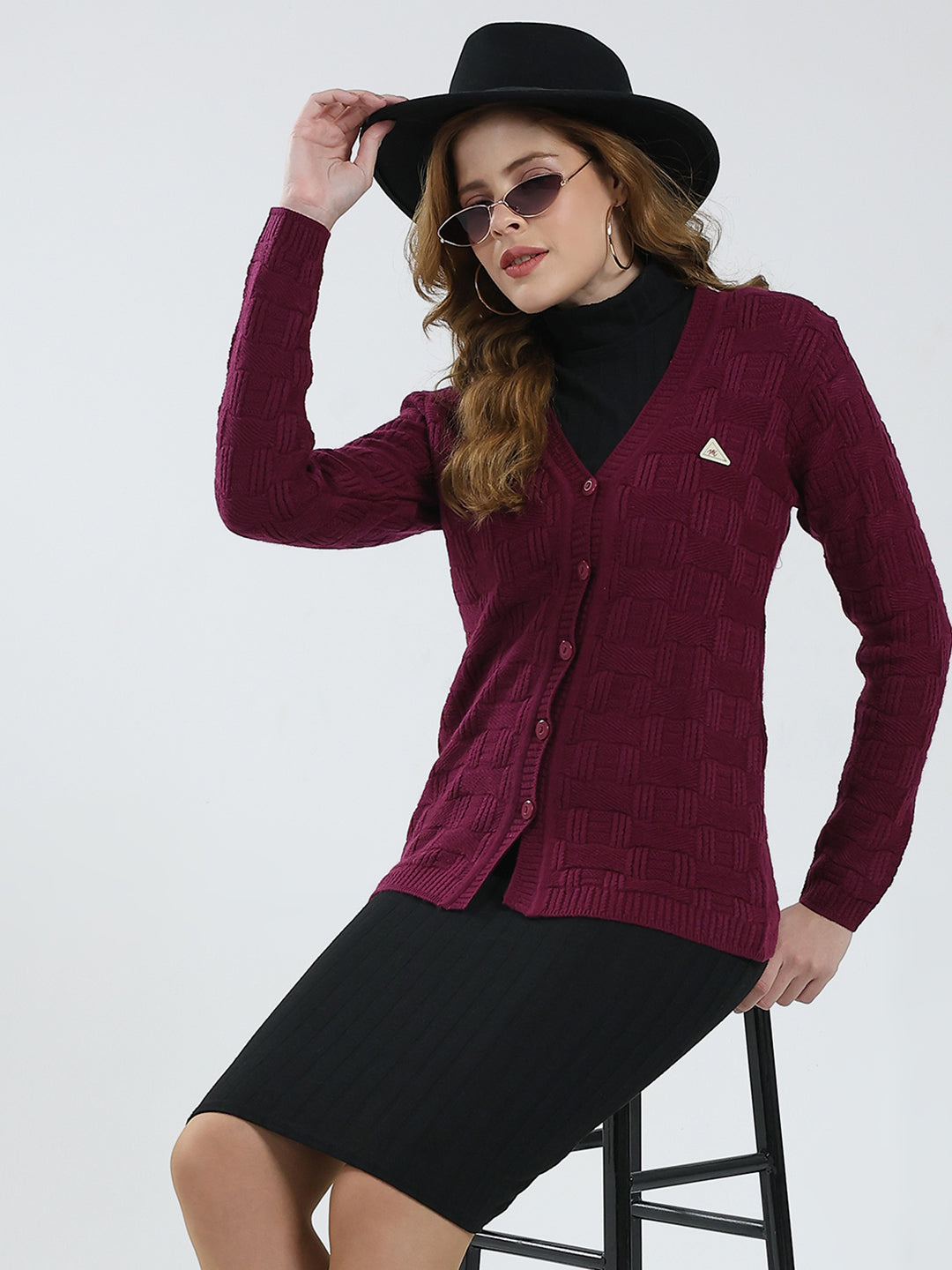 Women Purple Self Design V Neck Full Sleeve Cardigan