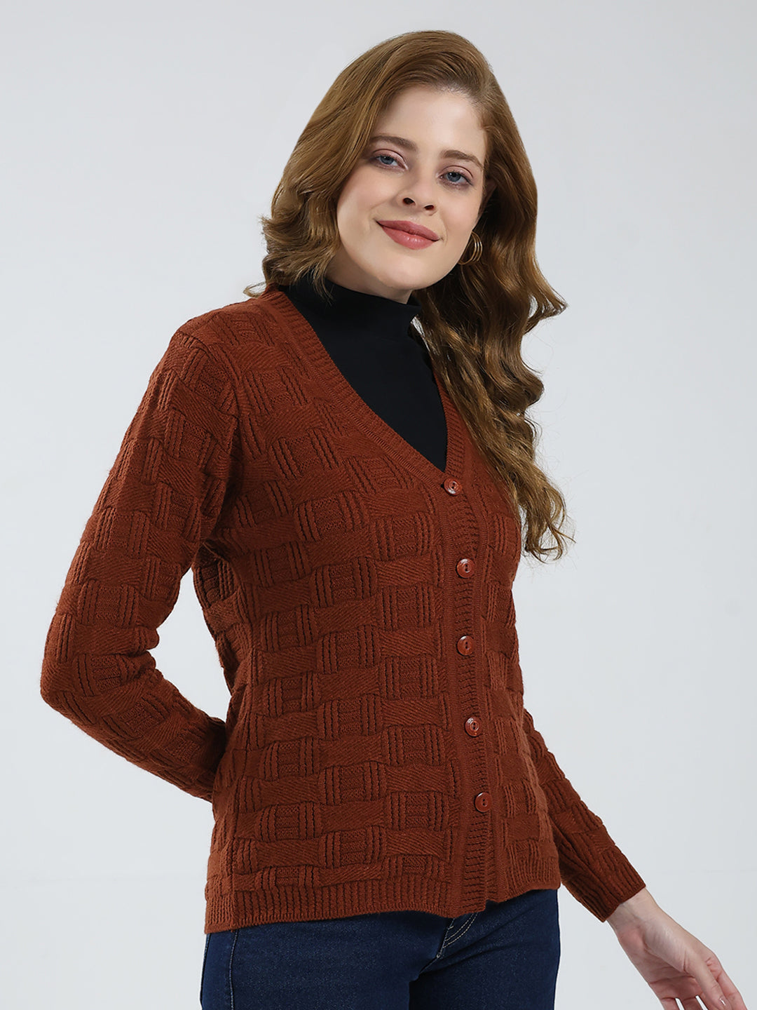 Women Brown Self Design V Neck Full Sleeve Cardigan